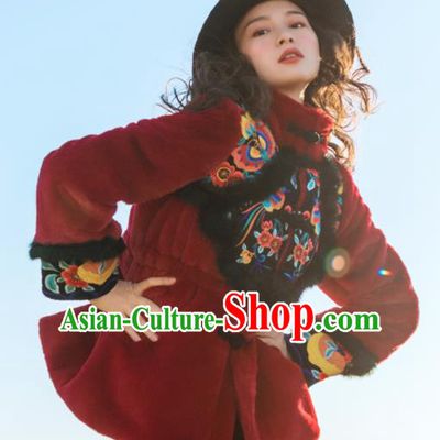 Chinese Traditional Embroidered Red Imitation Fur Jacket National Overcoat Costumes for Women