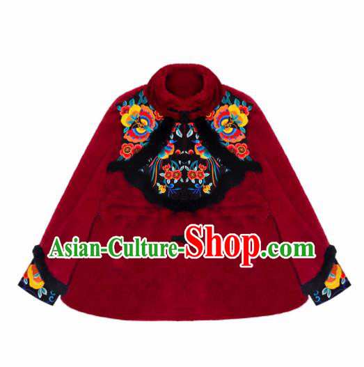 Chinese Traditional Embroidered Red Imitation Fur Jacket National Overcoat Costumes for Women Chinese Traditional Embroidered Red Imitation Fur Jacket National Overcoat Costumes for Women