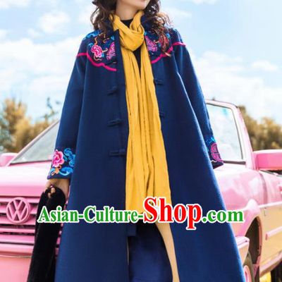 Chinese Traditional Embroidered Peony Navy Woolen Dust Coat National Overcoat Costumes for Women