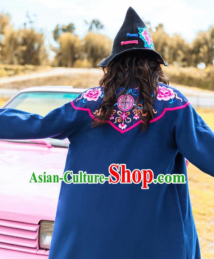 Chinese Traditional Embroidered Peony Navy Woolen Dust Coat National Overcoat Costumes for Women Chinese Traditional Embroidered Peony Navy Woolen Dust Coat National Overcoat Costumes for Women