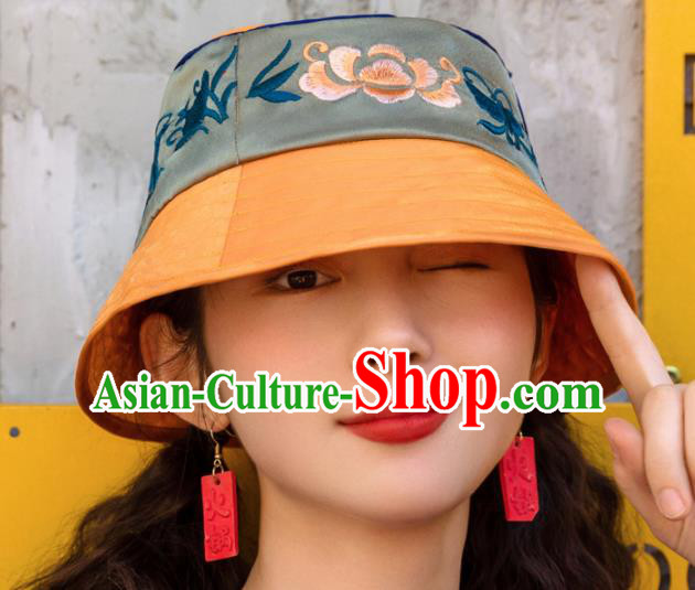 Chinese Traditional Hanfu Embroidered Green Hat National Bucket Hat for Women Chinese Traditional Hanfu Embroidered Green Hat National Bucket Hat for Women