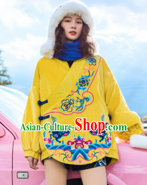 Chinese Traditional Embroidered Yellow Cotton Padded Jacket National Overcoat Costumes for Women Chinese Traditional Embroidered Yellow Cotton Padded Jacket National Overcoat Costumes for Women
