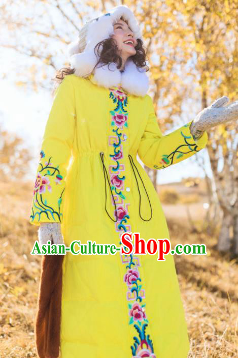 Chinese Traditional Embroidered Yellow Down Coat National Overcoat Costumes for Women Chinese Traditional Embroidered Yellow Down Coat National Overcoat Costumes for Women