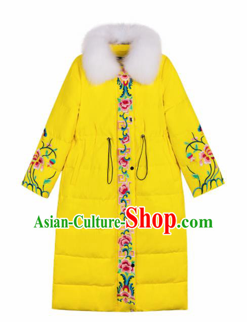 Chinese Traditional Embroidered Yellow Down Coat National Overcoat Costumes for Women Chinese Traditional Embroidered Yellow Down Coat National Overcoat Costumes for Women