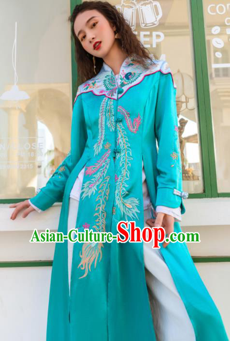 Chinese Traditional Embroidered Green Dust Coat National Overcoat Costumes for Women Chinese Traditional Embroidered Green Dust Coat National Overcoat Costumes for Women