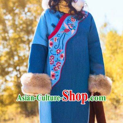 Chinese Traditional Embroidered Blue Corduroy Cotton Padded Coat National Overcoat Costumes for Women