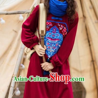Chinese Traditional Embroidered Wine Red Corduroy Dress National Tang Suit Costumes for Women