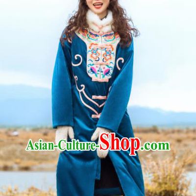 Chinese Traditional Winter Embroidered Blue Dust Coat National Tang Suit Overcoat Costumes for Women