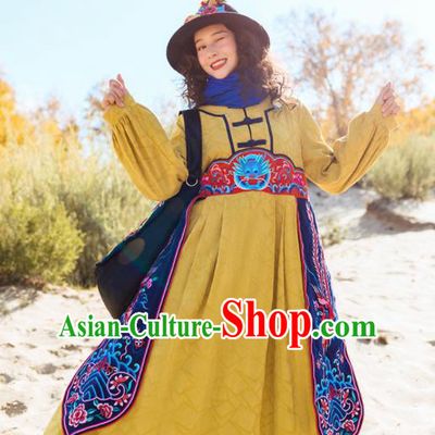 Chinese Traditional Embroidered Dragon Yellow Dress National Tang Suit Costumes for Women