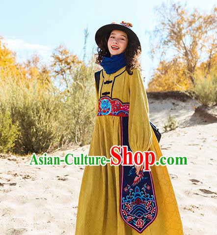 Chinese Traditional Embroidered Dragon Yellow Dress National Tang Suit Costumes for Women Chinese Traditional Embroidered Dragon Yellow Dress National Tang Suit Costumes for Women