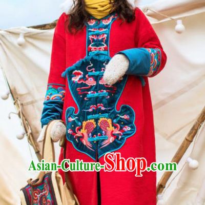 Chinese Traditional Winter Embroidered Phoenix Red Dust Coat National Tang Suit Overcoat Costumes for Women