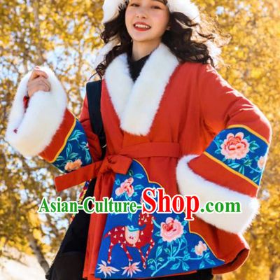 Chinese Traditional Embroidered Red Jacket National Tang Suit Overcoat Costumes for Women