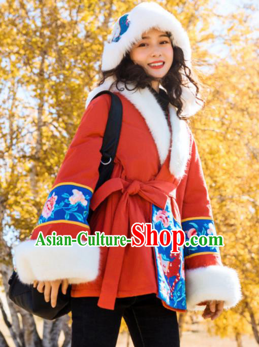 Chinese Traditional Embroidered Red Jacket National Tang Suit Overcoat Costumes for Women Chinese Traditional Embroidered Red Jacket National Tang Suit Overcoat Costumes for Women