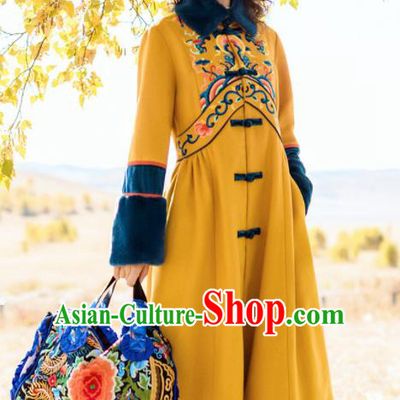 Chinese Traditional Embroidered Ginger Woolen Dust Coat National Tang Suit Overcoat Costumes for Women