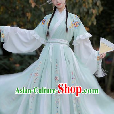 Traditional Chinese Jin Dynasty Historical Costumes Ancient Princess Goddess Green Hanfu Dress for Women
