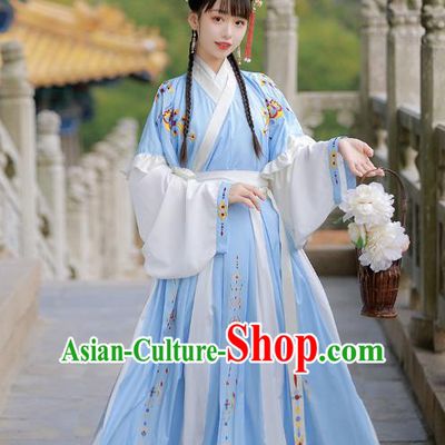 Traditional Chinese Jin Dynasty Patrician Lady Historical Costumes Ancient Wealthy Girl Blue Hanfu Dress for Women