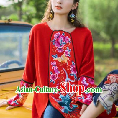 Chinese Traditional Embroidered Red Blouse National Upper Outer Garment Tang Suit Shirt Costume for Women