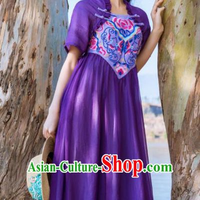 Chinese Traditional Embroidered Peony Purple Qipao Dress National Tang Suit Cheongsam Costumes for Women
