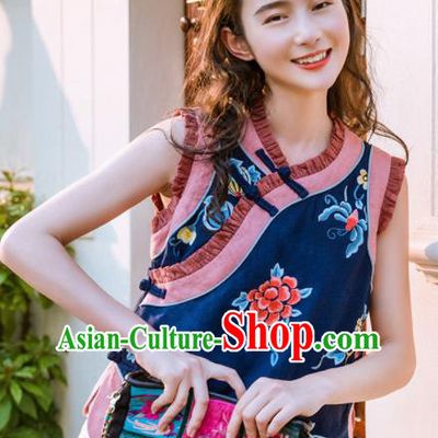 Chinese Traditional Embroidered Peony Navy Vest National Upper Outer Garment Tang Suit Waistcoat Costume for Women