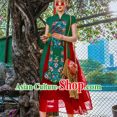 Chinese Traditional Embroidered Bats Green Qipao Dress National Tang Suit Cheongsam Costumes for Women
