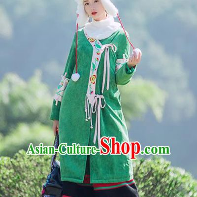 Chinese Traditional Winter Embroidered Green Corduroy Cotton Padded Coat National Tang Suit Overcoat Costumes for Women