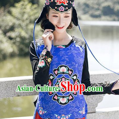 Chinese Traditional Embroidered Royalblue Vest National Upper Outer Garment Tang Suit Costume for Women