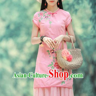 Chinese Traditional Embroidered Peony Pink Qipao Dress National Tang Suit Cheongsam Costumes for Women
