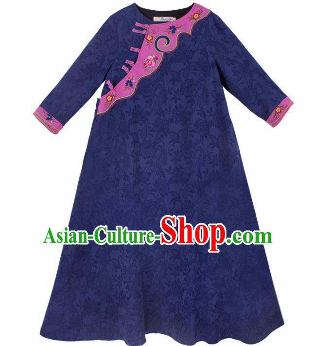 Chinese Traditional Deep Blue Dress National Tang Suit Cheongsam Costumes for Women Chinese Traditional Deep Blue Dress National Tang Suit Cheongsam Costumes for Women