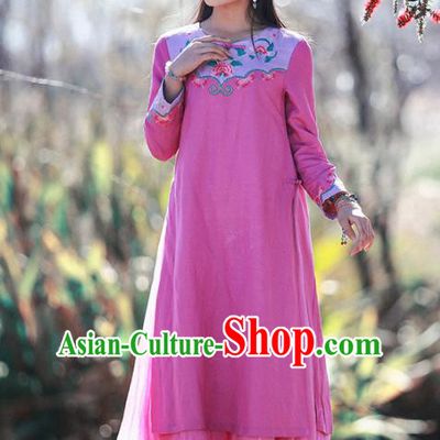 Chinese Traditional Embroidered Rosy Dress National Tang Suit Cheongsam Costumes for Women