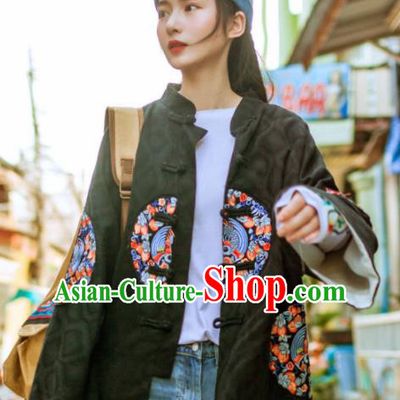 Chinese Traditional Winter Embroidered Black Jacket National Tang Suit Overcoat Costumes for Women
