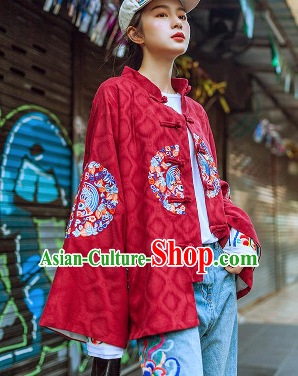 Chinese Traditional Winter Embroidered Red Jacket National Tang Suit Overcoat Costumes for Women Chinese Traditional Winter Embroidered Red Jacket National Tang Suit Overcoat Costumes for Women