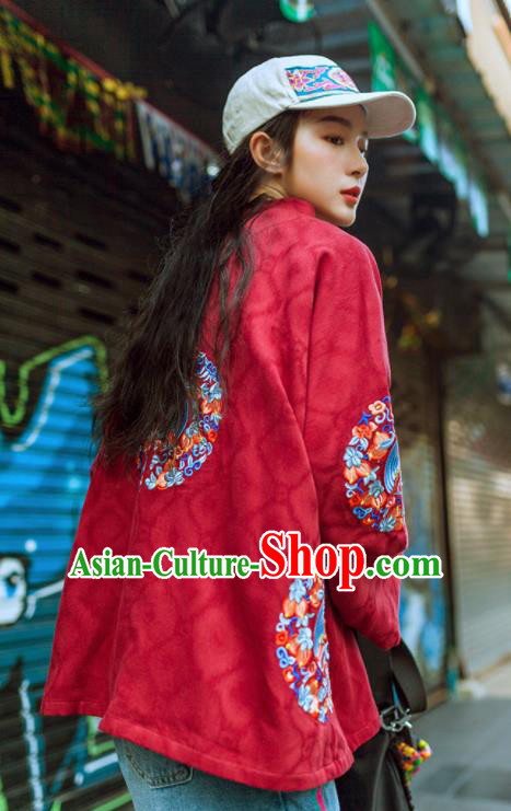 Chinese Traditional Winter Embroidered Red Jacket National Tang Suit Overcoat Costumes for Women Chinese Traditional Winter Embroidered Red Jacket National Tang Suit Overcoat Costumes for Women