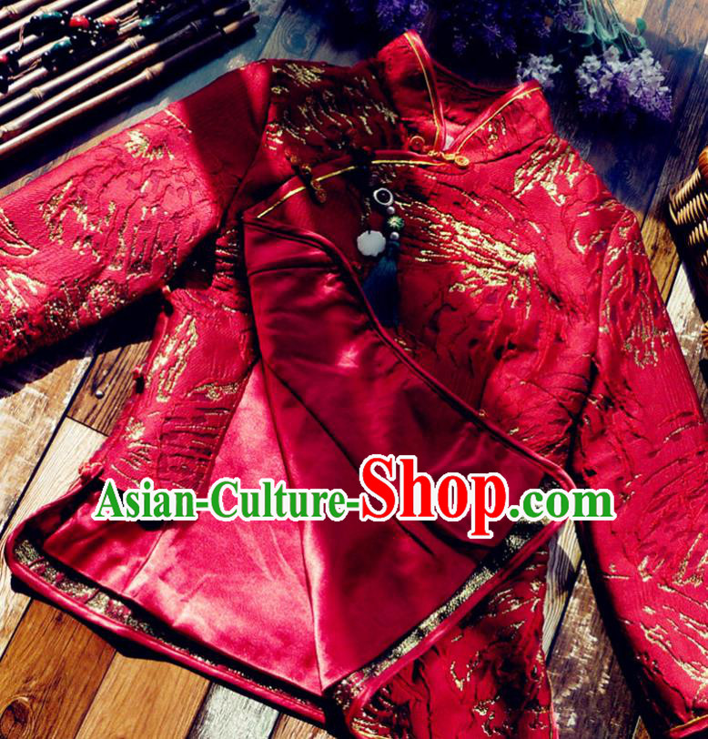 Chinese Traditional Winter Embroidered Red Jacket National Tang Suit Overcoat Costumes for Women Chinese Traditional Winter Embroidered Red Jacket National Tang Suit Overcoat Costumes for Women