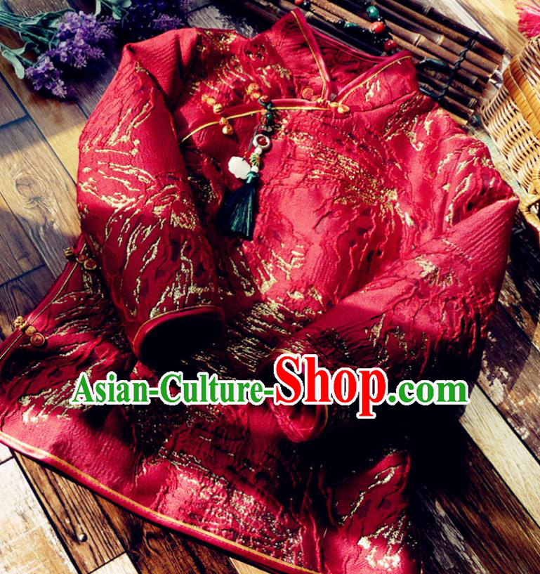 Chinese Traditional Winter Embroidered Red Jacket National Tang Suit Overcoat Costumes for Women Chinese Traditional Winter Embroidered Red Jacket National Tang Suit Overcoat Costumes for Women