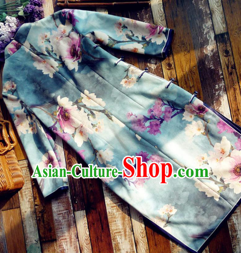 Chinese Traditional Printing Blue Qipao Dress National Tang Suit Cheongsam Costumes for Women Chinese Traditional Printing Blue Qipao Dress National Tang Suit Cheongsam Costumes for Women
