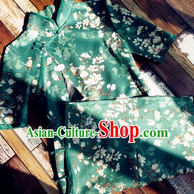 Chinese Traditional Printing Magnolia Green Qipao Dress National Tang Suit Cheongsam Costumes for Women