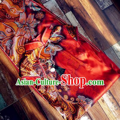 Chinese Traditional Printing Red Silk Qipao Dress National Tang Suit Cheongsam Costumes for Women
