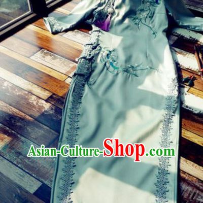 Chinese Traditional Embroidered Plum Green Silk Qipao Dress National Tang Suit Cheongsam Costumes for Women