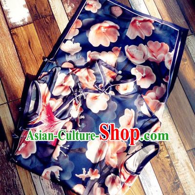 Chinese Traditional Printing Navy Silk Qipao Dress National Tang Suit Cheongsam Costumes for Women