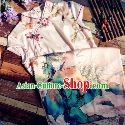 Chinese Traditional Printing Peony Pink Silk Qipao Dress National Tang Suit Cheongsam Costumes for Women