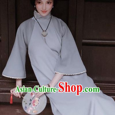 Chinese Traditional Grey Woolen Qipao Dress National Tang Suit Cheongsam Costumes for Women
