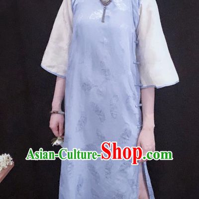 Chinese Traditional Jacquard Blue Qipao Dress National Tang Suit Cheongsam Costumes for Women