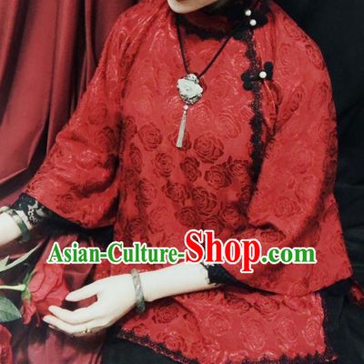 Chinese Traditional Tang Suit Jacquard Roses Red Shirt National Upper Outer Garment Blouse Costume for Women