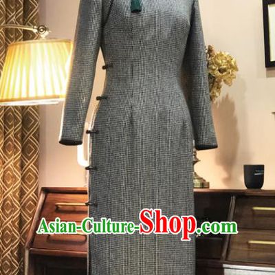 Chinese Traditional Grey Woolen Qipao Dress National Tang Suit Cheongsam Costumes for Women