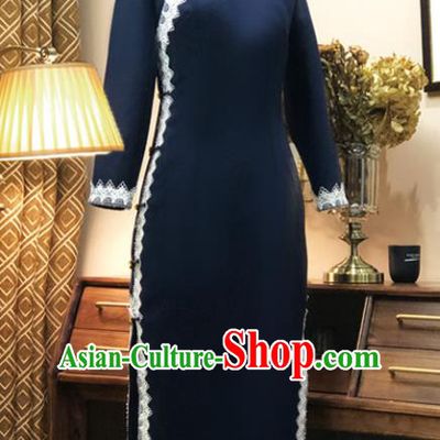 Chinese Traditional Navy Woolen Qipao Dress National Tang Suit Cheongsam Costumes for Women