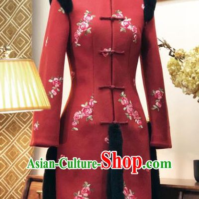 Chinese Traditional Winter Embroidered Red Cotton Padded Coat National Tang Suit Overcoat Costumes for Women