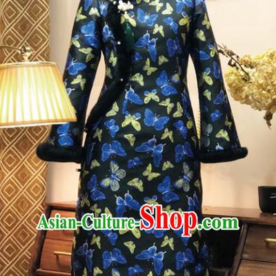 Chinese Traditional Butterfly Pattern Black Qipao Dress National Tang Suit Cheongsam Costumes for Women