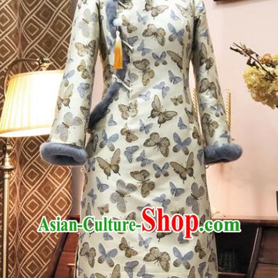 Chinese Traditional Butterfly Pattern White Qipao Dress National Tang Suit Cheongsam Costumes for Women