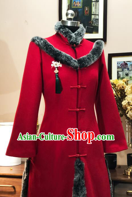 Chinese Traditional Winter Red Woolen Coat National Tang Suit Overcoat Costumes for Women Chinese Traditional Winter Red Woolen Coat National Tang Suit Overcoat Costumes for Women