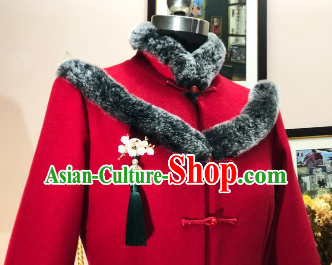 Chinese Traditional Winter Red Woolen Coat National Tang Suit Overcoat Costumes for Women Chinese Traditional Winter Red Woolen Coat National Tang Suit Overcoat Costumes for Women